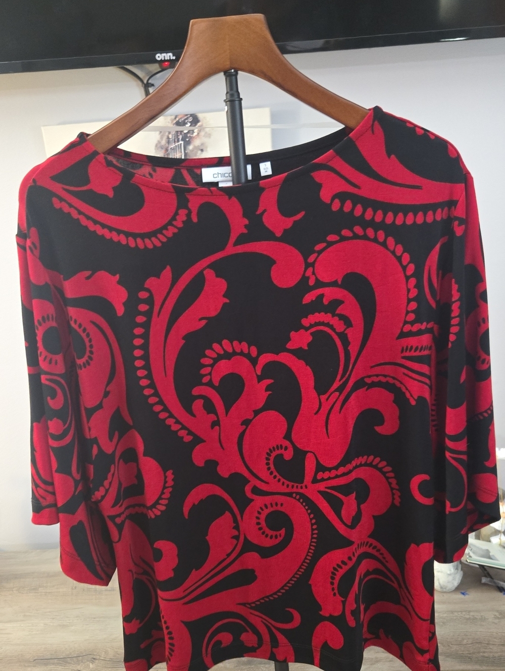 Chico's Black and Red Scroll-Print Boatneck Long-Sleeve Top